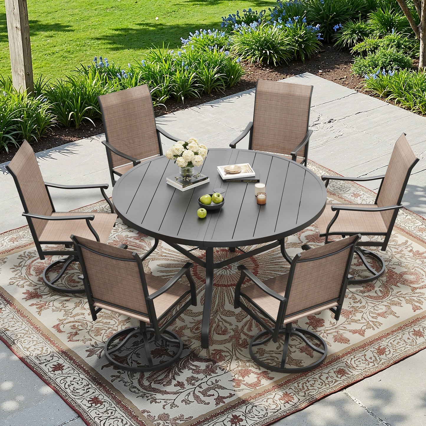 Round Outdoor Patio Dining Table, 47" Round Patio Table Wood-Like Grain with 1.57" Umbrella Hole, Metal Outdoor Dining Tables for Backyard and Poolside