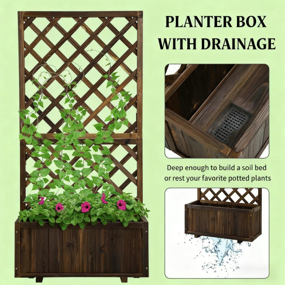 Garden Bed,Wooden Raised Garden Bed Planting Planter Box with Trellis and Drain Holes for Climbing Vine Plants