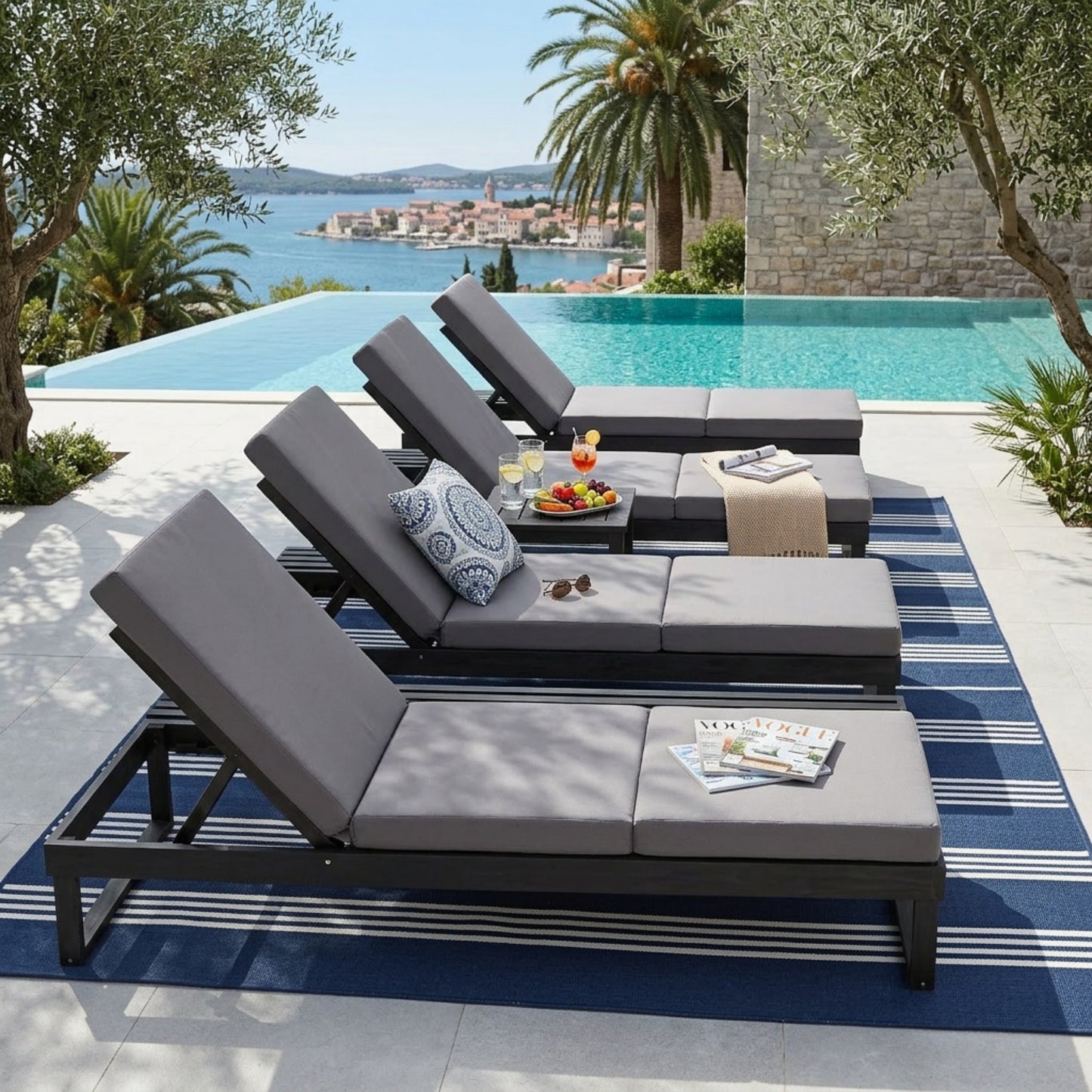 Black Acacia Wood Chaise Lounge with 4-Inch Dark Grey 3-Fold Cushion Set, 4-Position Adjustable Outdoor Patio Lounger with Flat Side Surface, for Poolside- Matching cream version available