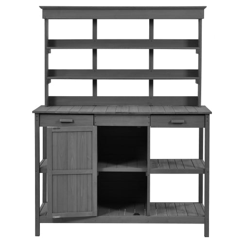 50 in. W x 66 in. H Gray Outdoor Farmhouse Fir Wood Garden Potting Bench Table with Drawers and Cabinet