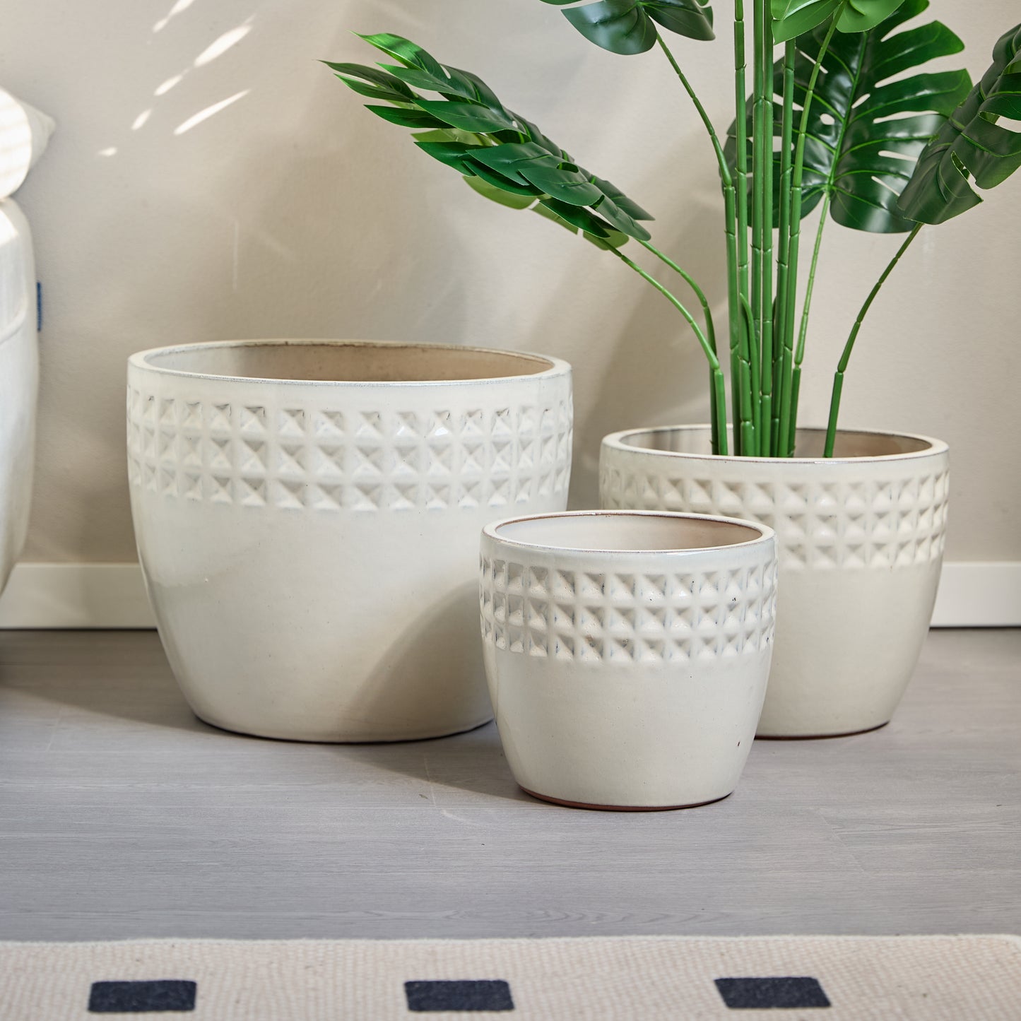 Handmade Ceramic Flower Pot Set of 3, 15/12/9 Inch Diameter, White Diamond Pattern, for Succulents Indoor/Outdoor Use on Windowsill & Bookshelf, Breathable Clay