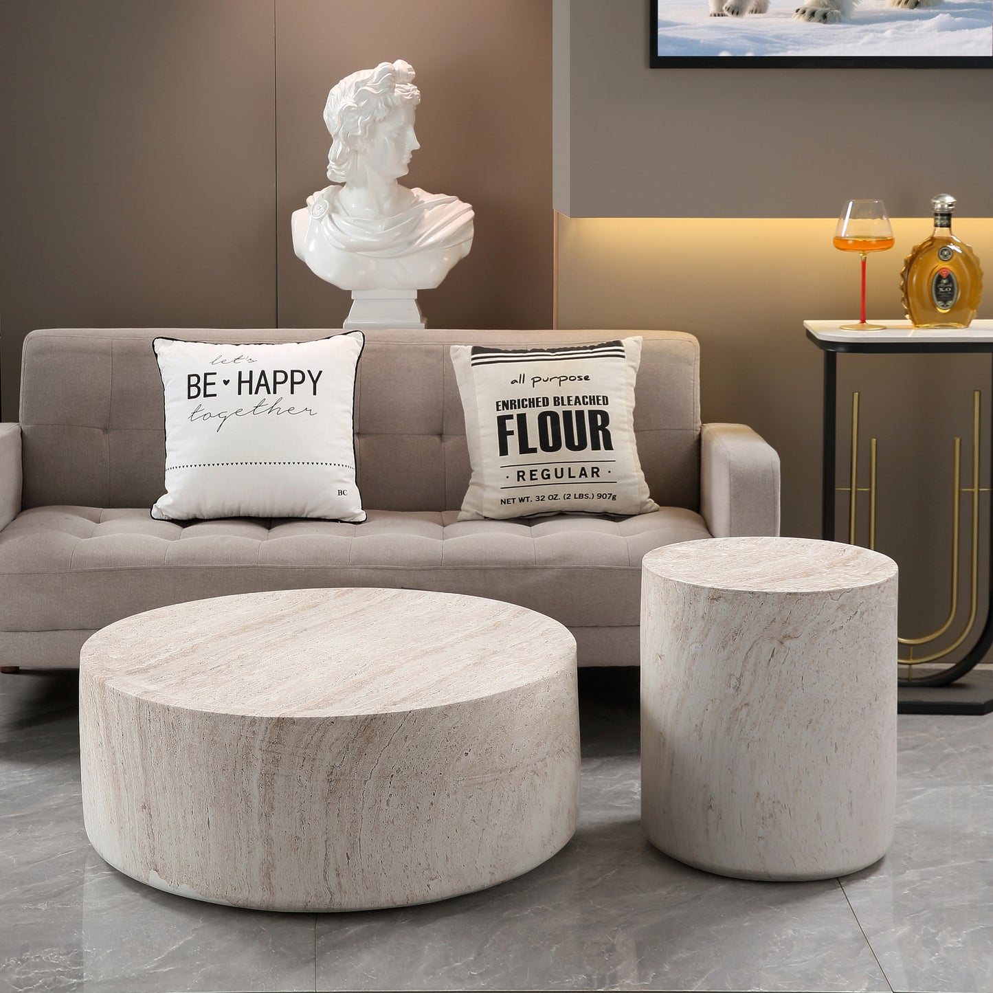 Light Travertine Finish Magnesium Oxide Drum Side Table   15.75" Diameter Round End Table