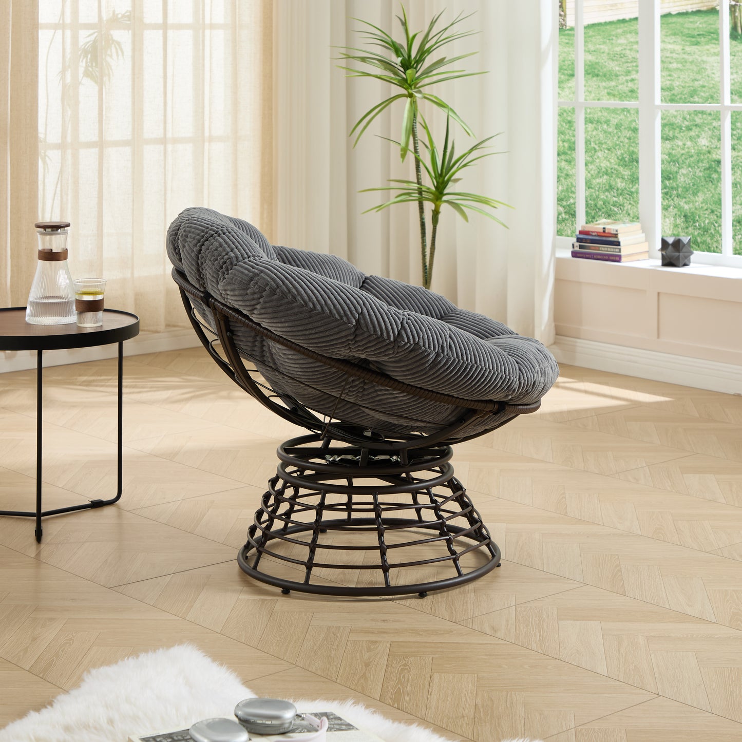 Comfortable Ergonomic Wicker Papasan Chair, 360° Swivel Indoor Outdoor Rattan Chair with Soft Thick Cushion, Ideal for Living Room, Bedroom, Reading Room, Brown Frame with Grey Cushion