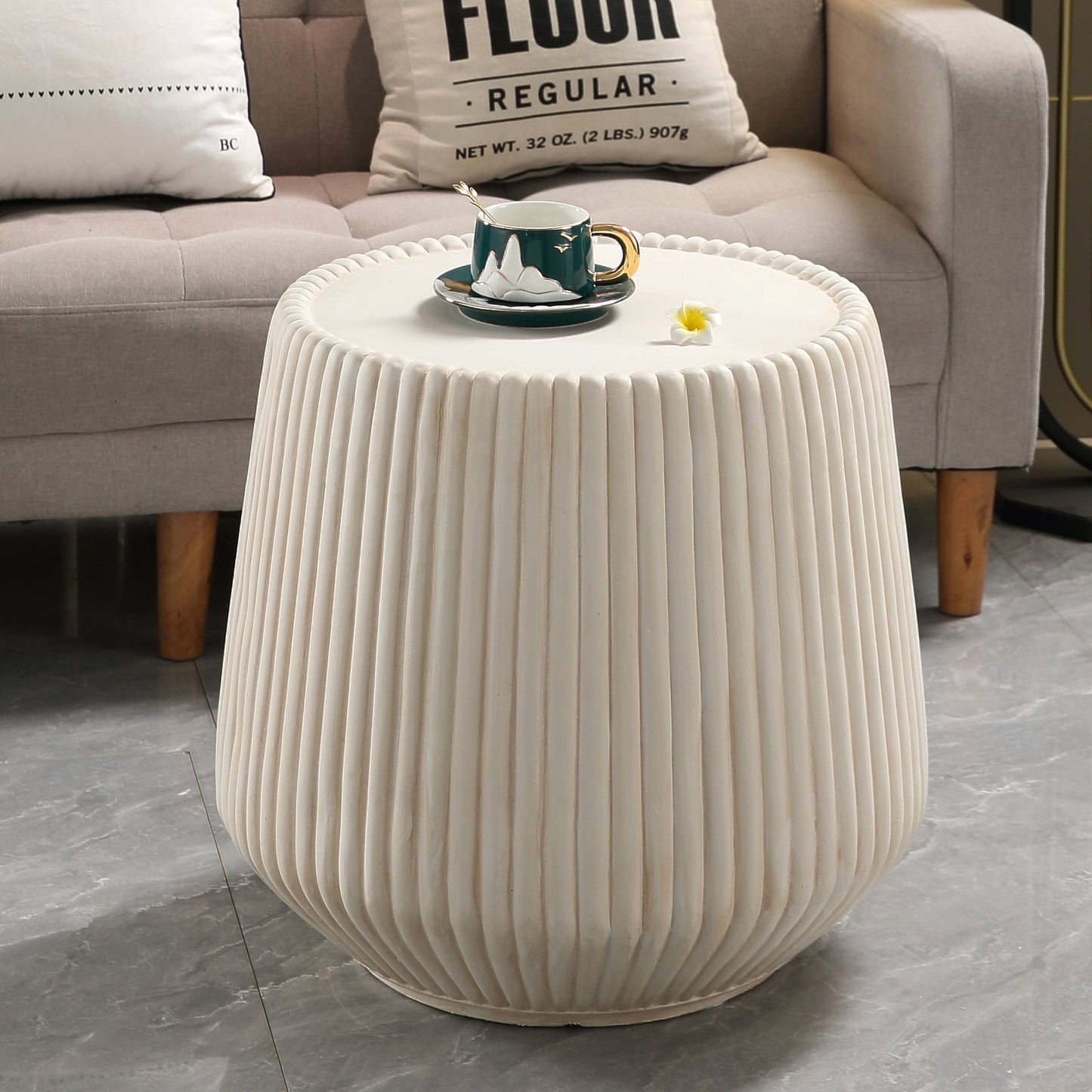 Off-White Magnesium Oxide Fluted Tapered Side Table  16.54" Top Diameter Round End Table