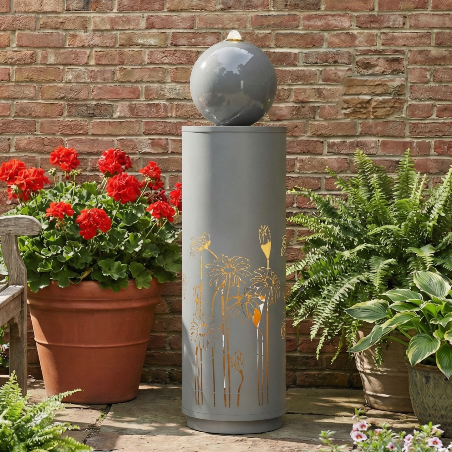 34.25"H Light Gray Metal Cutout Outdoor Water Fountain with LED Lights, Modern Freestanding Sphere-Top Water Feature for Patio Garden Backyard Decor
