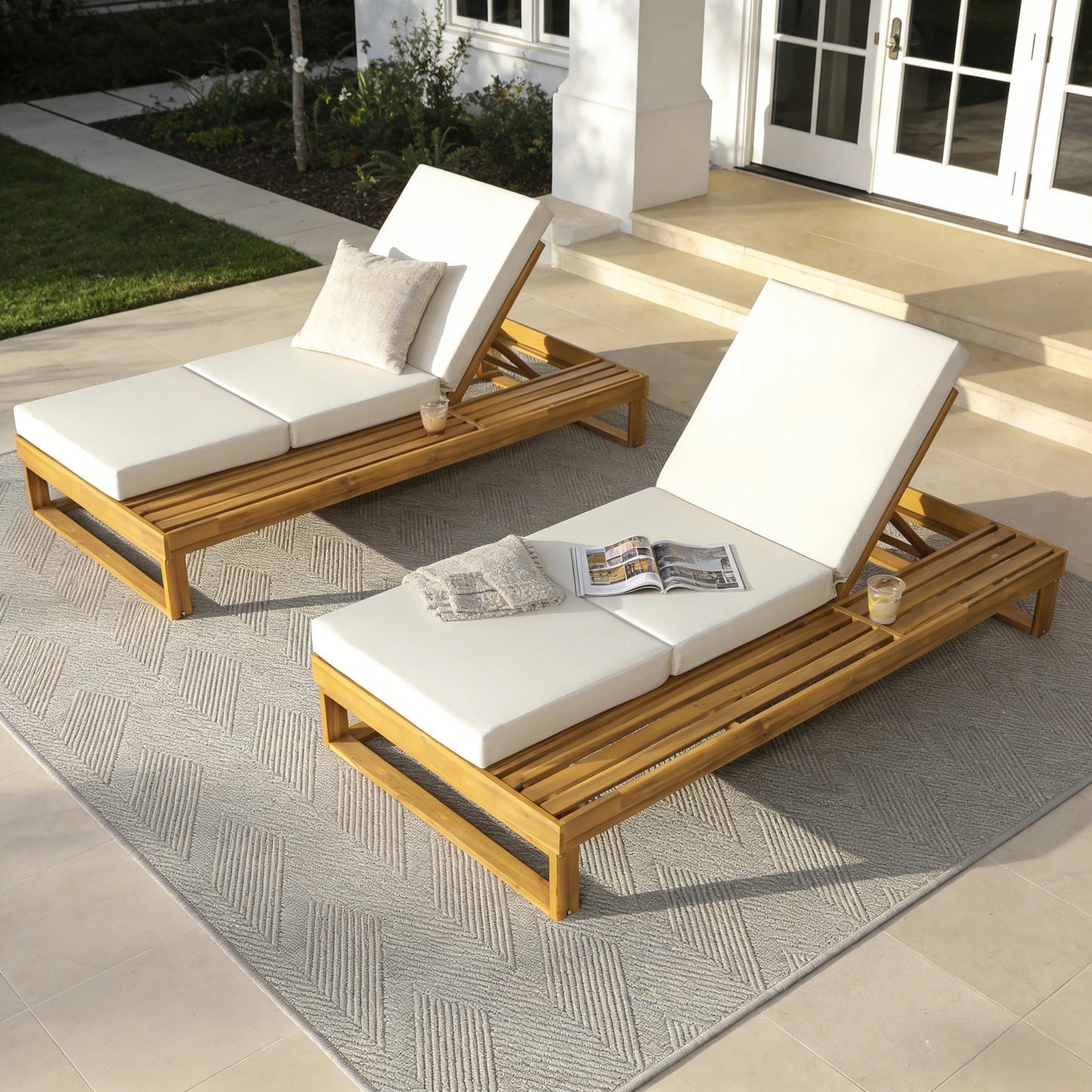 Teak Finish Acacia Wood Chaise Lounge with 4-Inch Cream 3-Fold Water-Resistant Cushion Set, 4-Position Adjustable Outdoor Patio Lounger with Flat Side Surface, for Poolside-Matching dark grey version