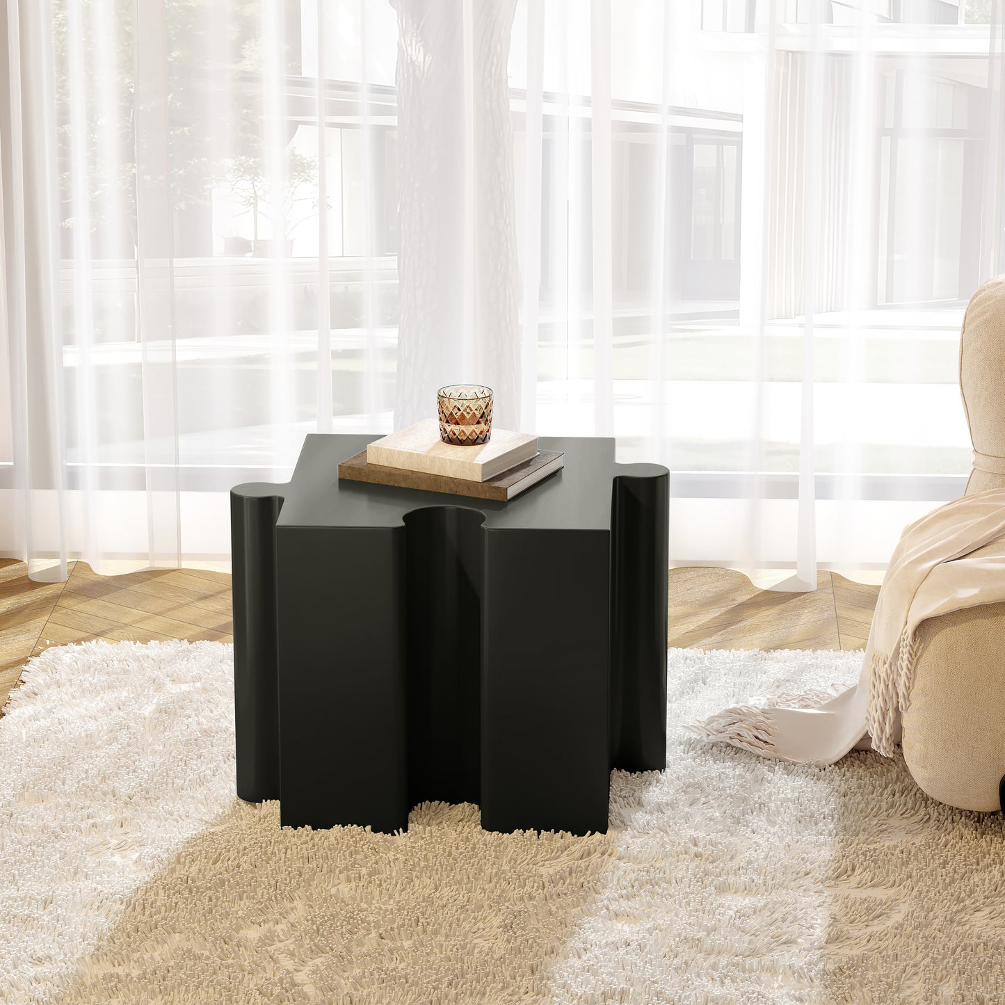 Puzzle Art Side Table, Modular Concave Edge MGO Table - Buy Singles or Combine for Custom Layouts, Indoor & Outdoor,Black Color