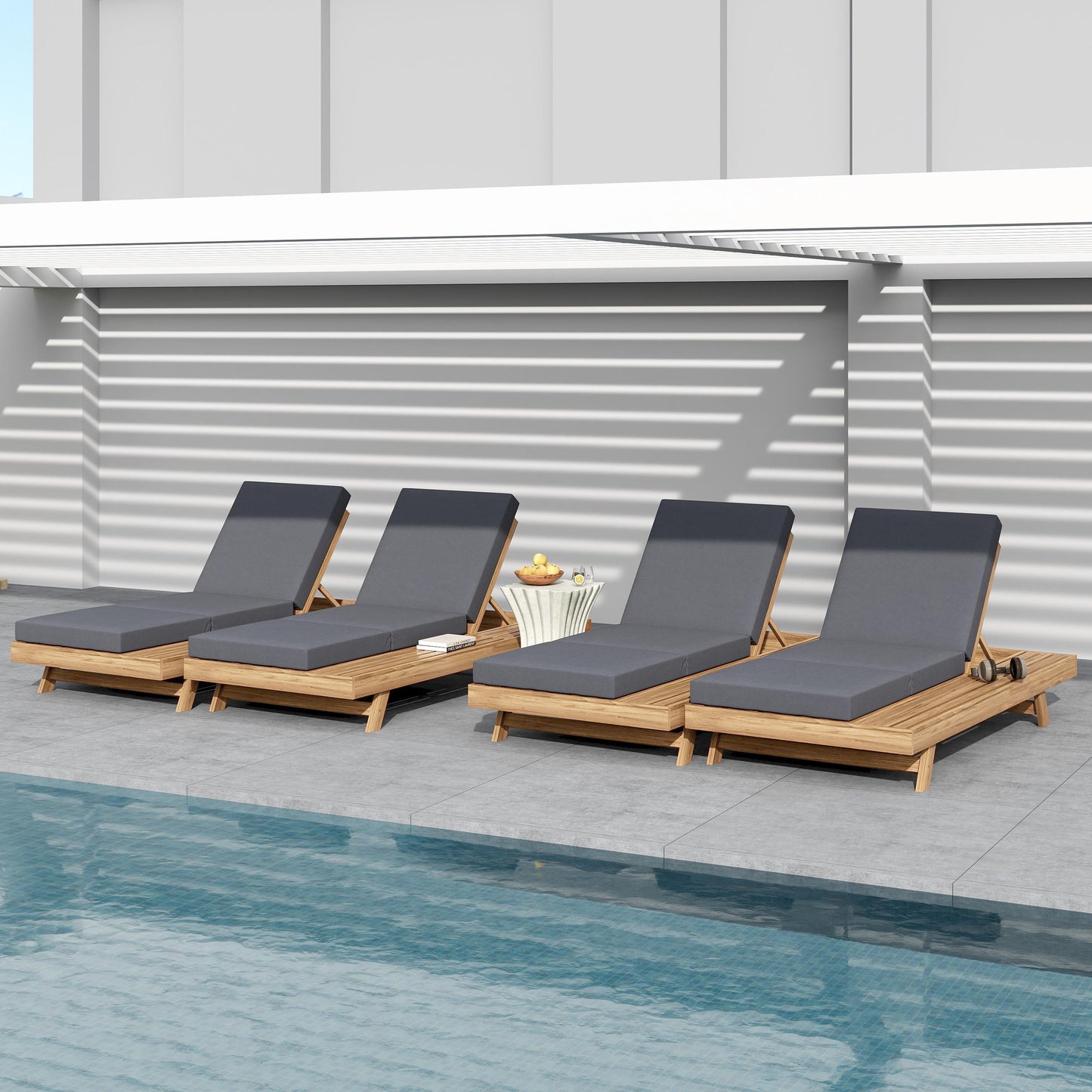 Lounge Chaise Set, Space Available On One Side, Acacia Solid Wood In light brown With Lounge Cushion (Dark Grey & Triple Fold) – Matching Cream Version Available