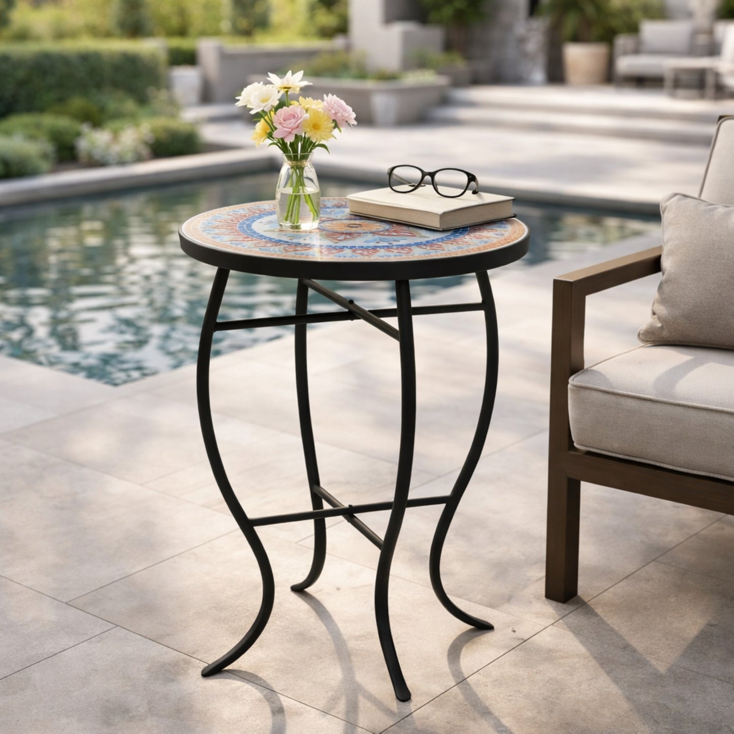 Outdoor Round Side Table with Mosaic-Style Top and Curved Iron Legs, Red and Matte Black