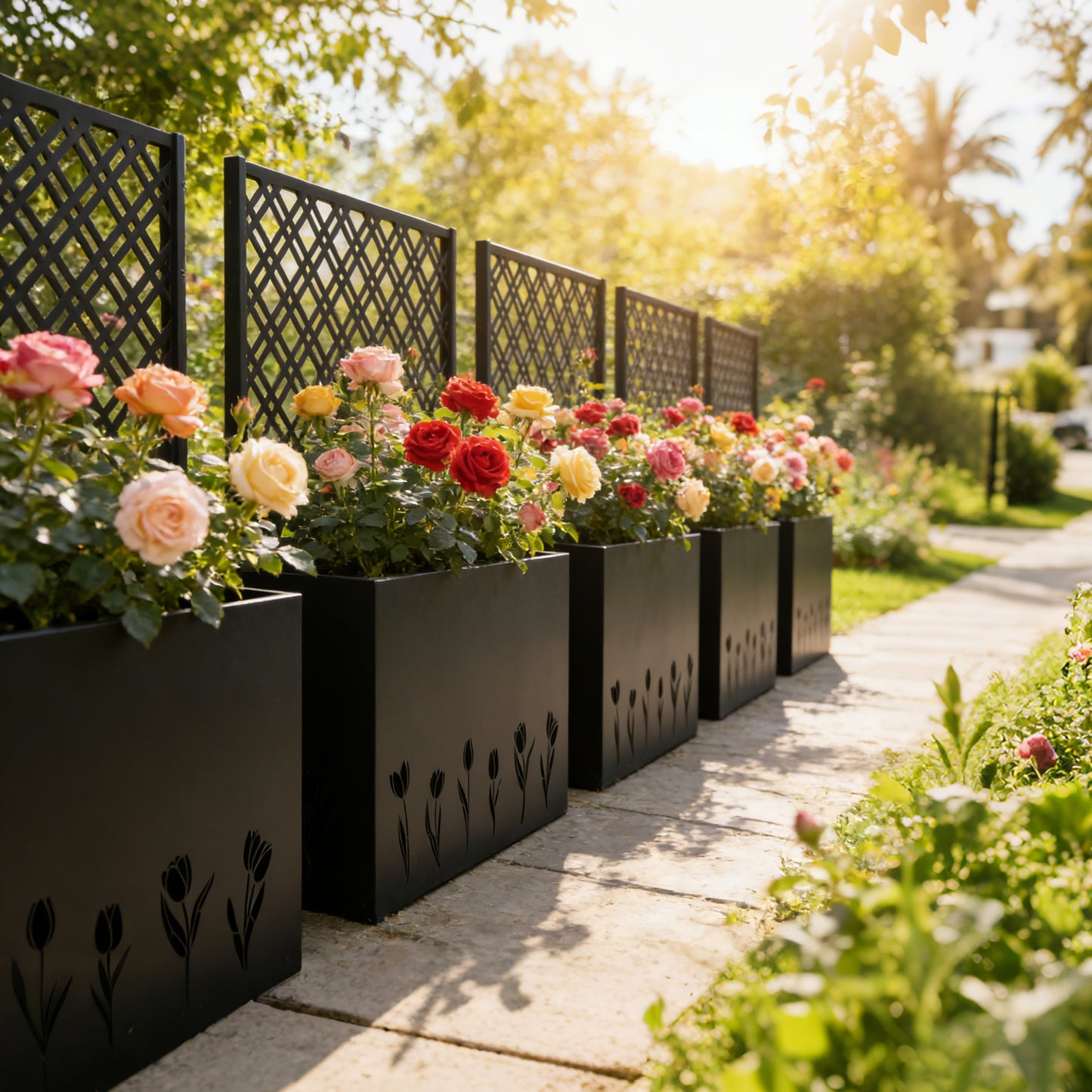 Tall Metal Planter Raised Garden Bed with Trellis 35.5in L x 11.9in W x 47.3in H - Large Flower Box Privacy Screen for Porch, Patio, Garden, Commercial Décor, Tulip Black