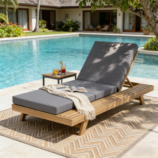 Lounge Chaise Set, Space Available On One Side, Acacia Solid Wood In light brown With Lounge Cushion (Dark Grey & Triple Fold) – Matching Cream Version Available
