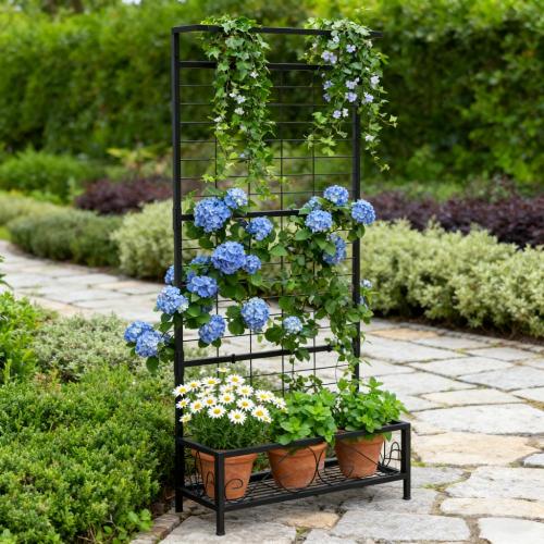 3-Tier Plant Stand With Hanging Basket - Vintage Wood & Iron Rolling Plant Shelf For Indoor Outdoor Use, Space Saving Design With Lockable Casters