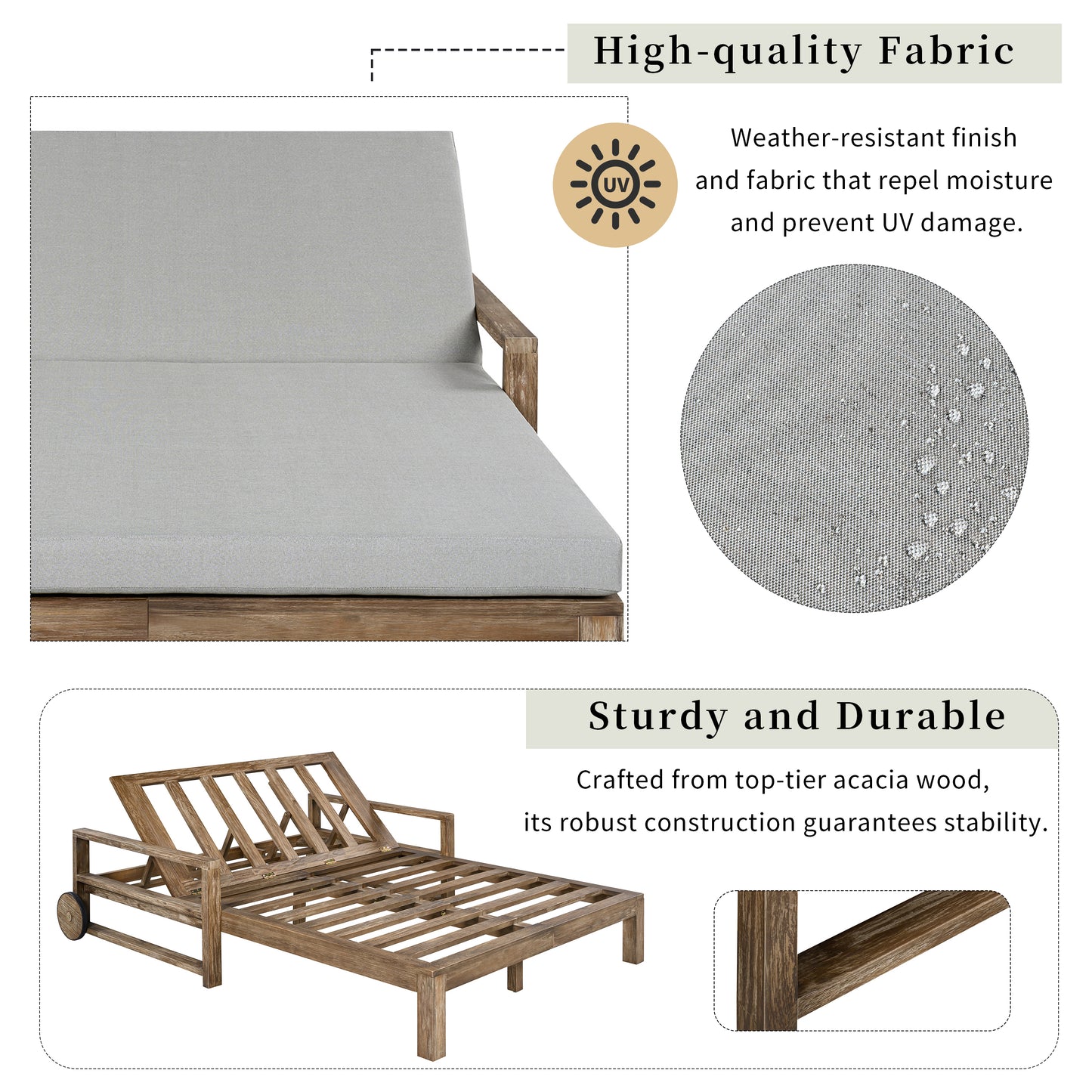 TREXM 1-Piece Farmhouse-styled Wooden Outdoor Sunbed for Ultimate Relaxation Outdoor Daybed Seating 2 People for Poolside, Garden and Backyard (Grey)