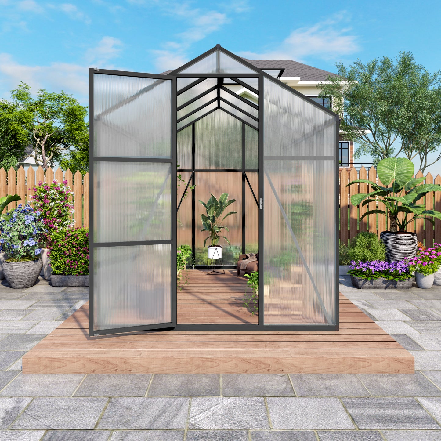 Newly marketed Gain height windproofaluminum greenhouse 6x8 FT Polycarbonate Greenhouse Raised Base and Anchor Aluminum Heavy Duty Walk-in Greenhouses for Outdoor Backyard in All Season