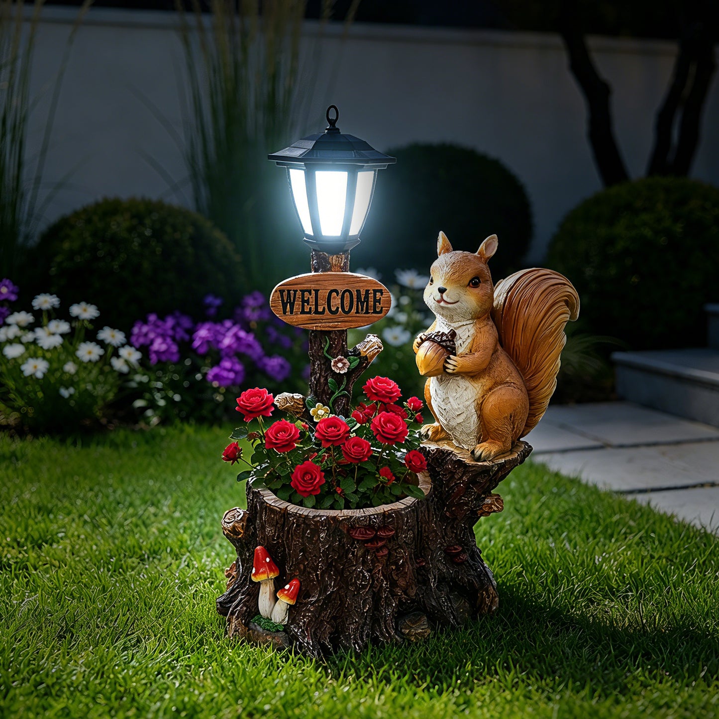 Cute Squirrel Garden Planter with Decorative Lantern - Polyresin Animal Figurine with Faux Oil Lamp for Outdoor Patio & Yard Decor