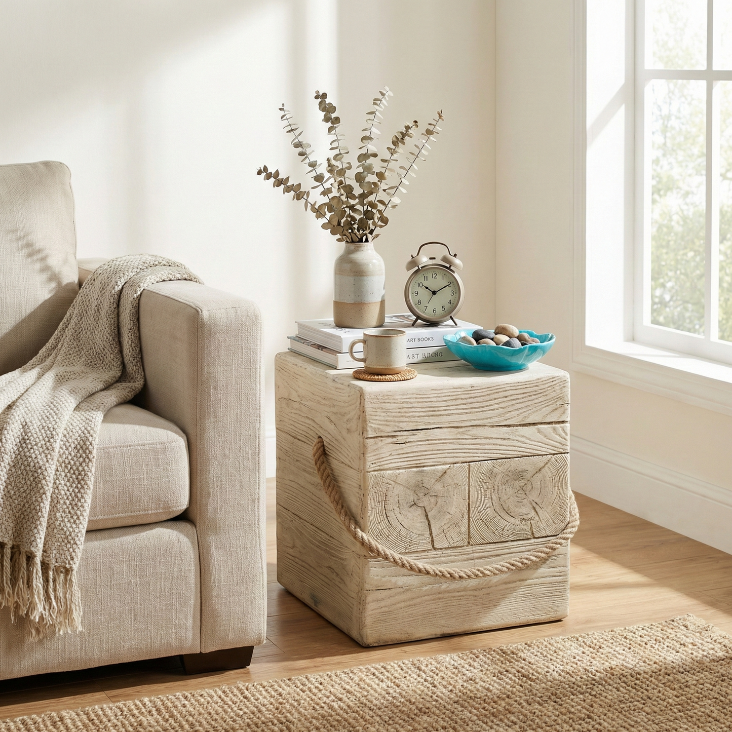 Outdoor Wood Grain Square MGO Side Table with Simulated Braided Cord – Indoor Retro End Table for Home & Patio Decor