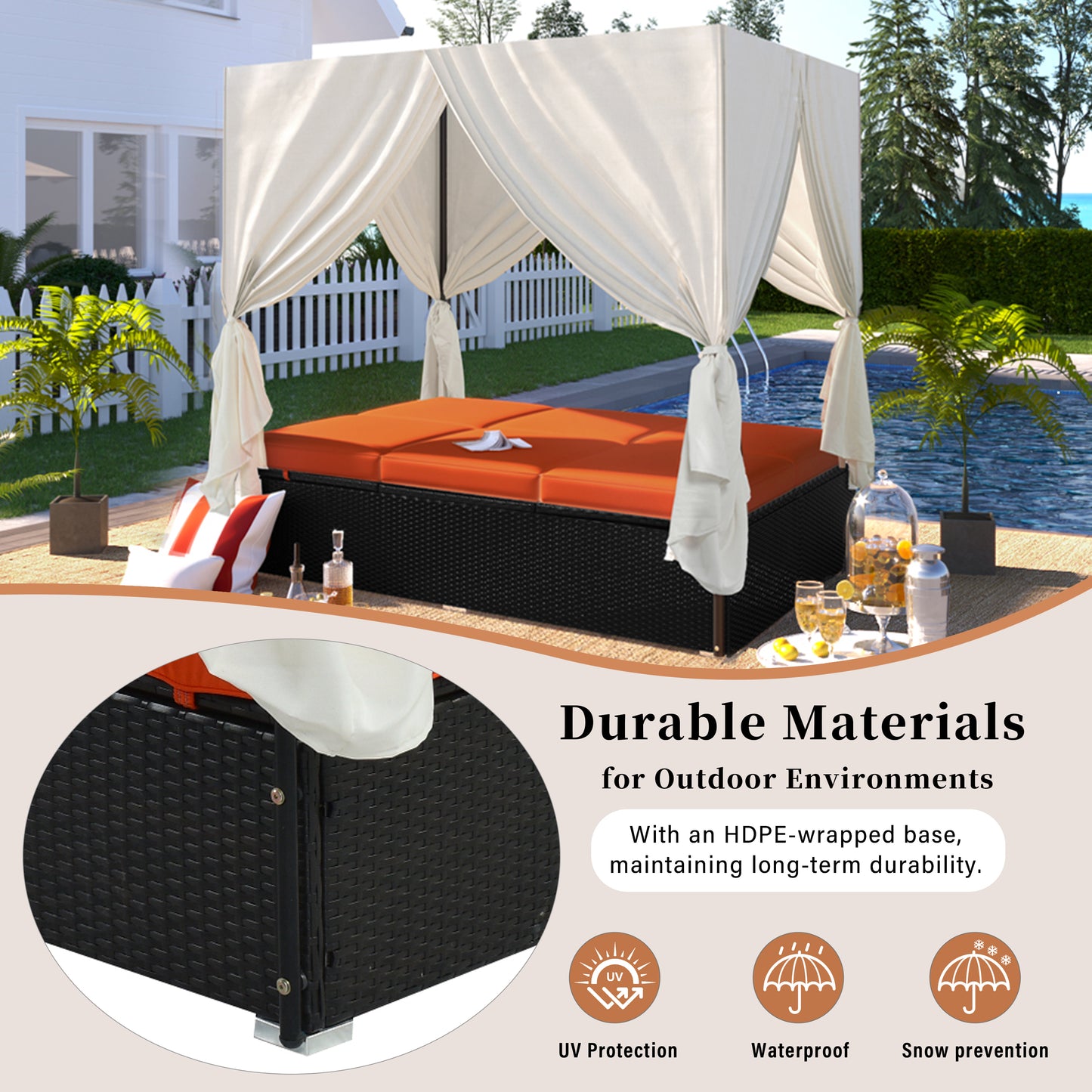 U_STYLE Outdoor Double Chaise Lounge Daybed with Curtains,Patio Outdoor Sunbed with Adjustable Backrest, Sturdy Steel Frame Loveseat Sofa for Backyard,Poolside, Terrace