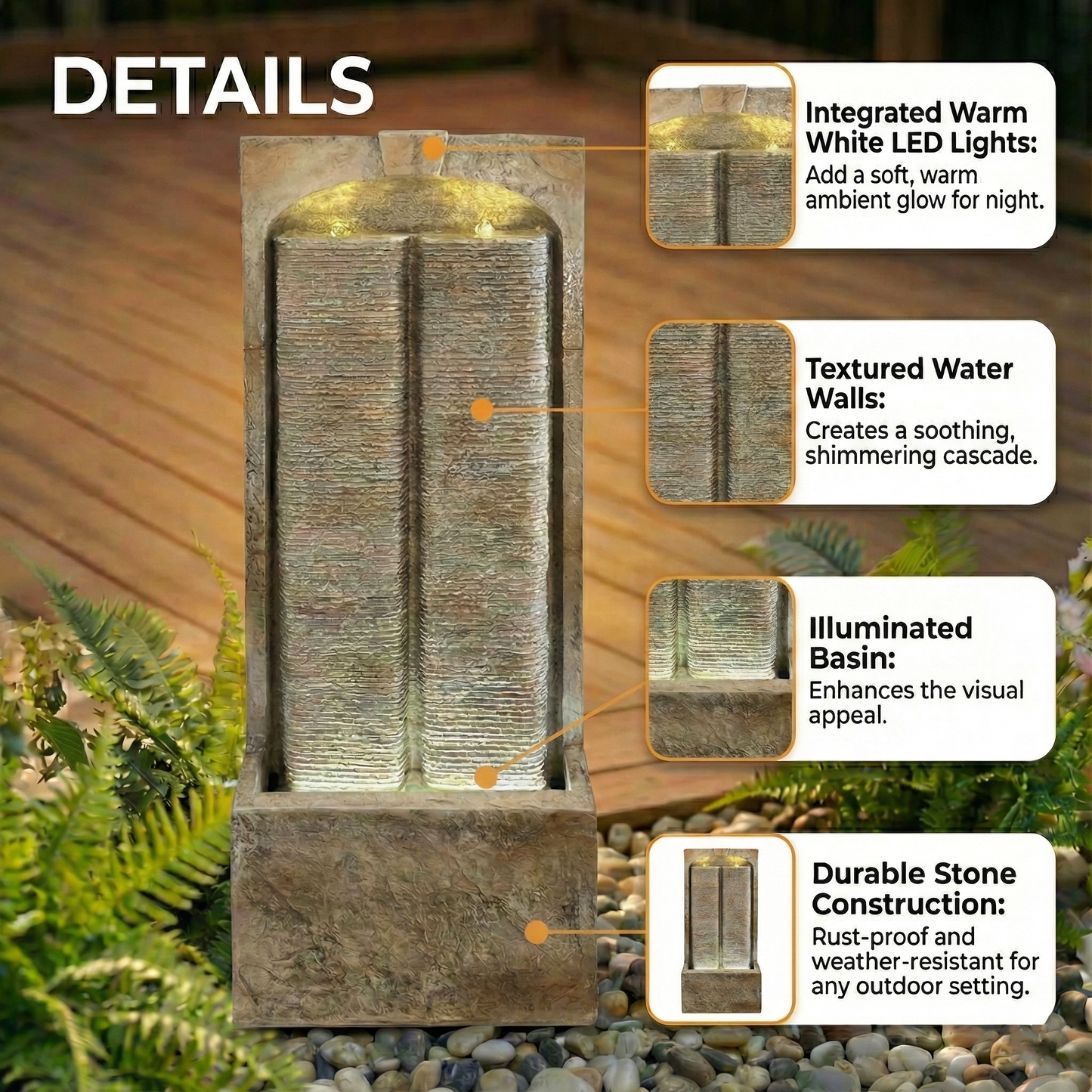 39 Inch Outdoor Water Fountain with Pump, Modern Cascading Freestanding Wall Fountain, Weather-Resistant Garden Water Feature with Warm White LED Lights, Outdoor Waterfall Fountain for Patio Porch Law