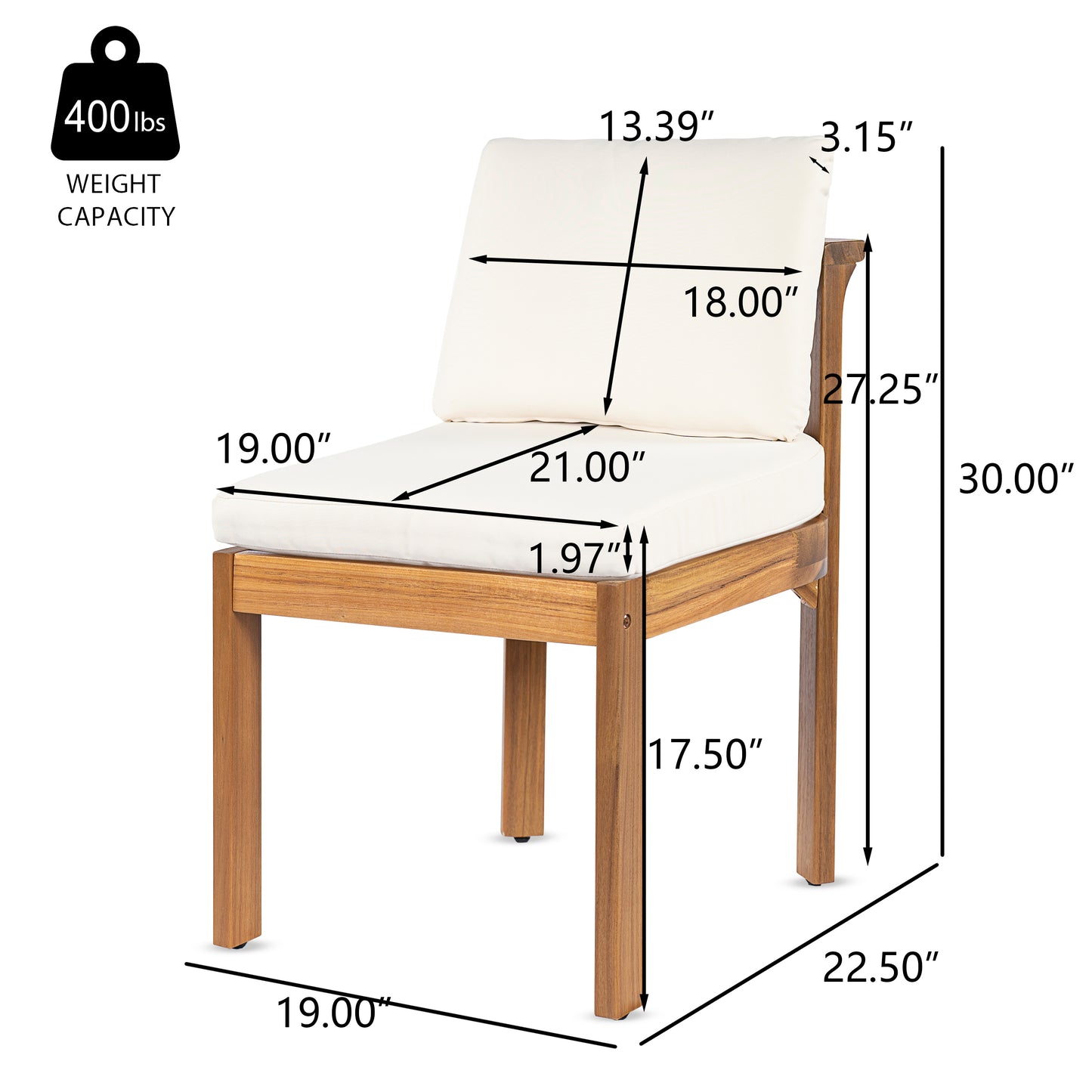 Acacia Wood Outdoor Dining Chair (Set of 2), Teak Finish Wood + Cream Cushions