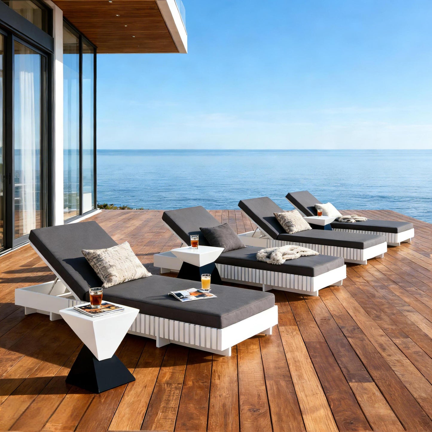 White Acacia Solid Wood Outdoor Chaise Lounge with Dark Grey Water-Repellent Cushion, 400lbs Capacity, Modern Patio Sun Lounger for Garden, Poolside