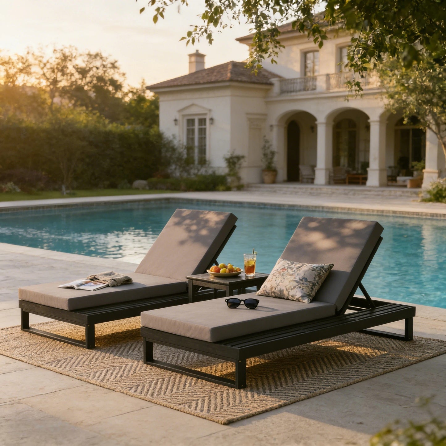 Black Acacia Wood Chaise Lounge with 4-Inch Dark Grey 2-Fold  Cushion Set, 4-Position Adjustable Outdoor Patio Lounger with Flat Side Surface, for Poolside- Matching cream version available