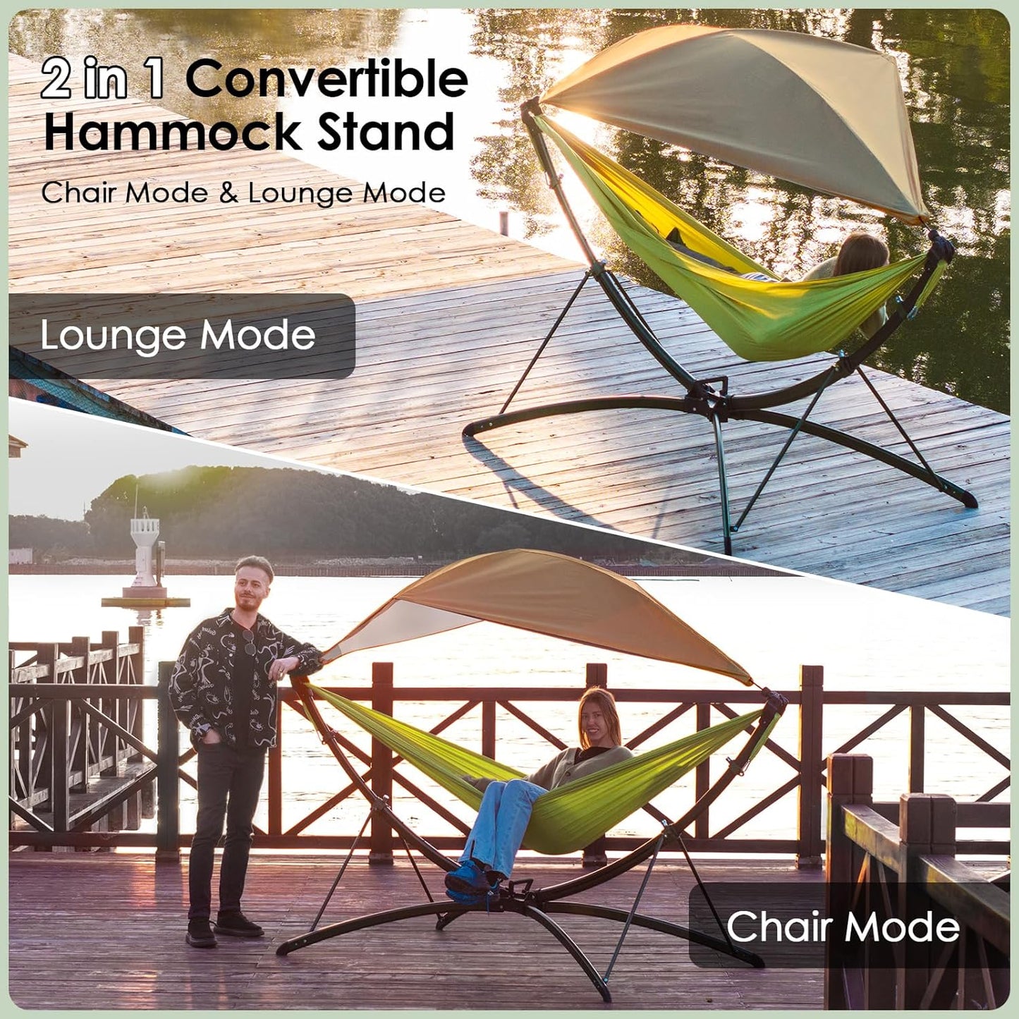 Portable Outdoor/Garden Hammock with Quick-Fold Stand, Adjustable Sunshade, and Storage Bag Adult/Child Hammock Chair Heavy-Duty Hammock Suitable for Camping, Home Gardens, Hotels, Outdoors, Beaches
