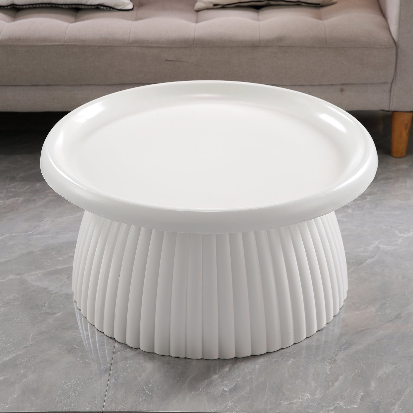 White Magnesium Oxide Fluted Pedestal Coffee Table   27.56" Diameter Round Center Table