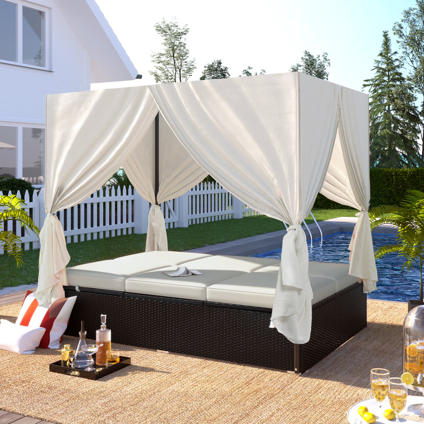 U_STYLE Outdoor Double Chaise Lounge Daybed with Curtains,Patio Outdoor Sunbed with Adjustable Backrest, Sturdy Steel Frame Loveseat Sofa for Backyard,Poolside, Terrace