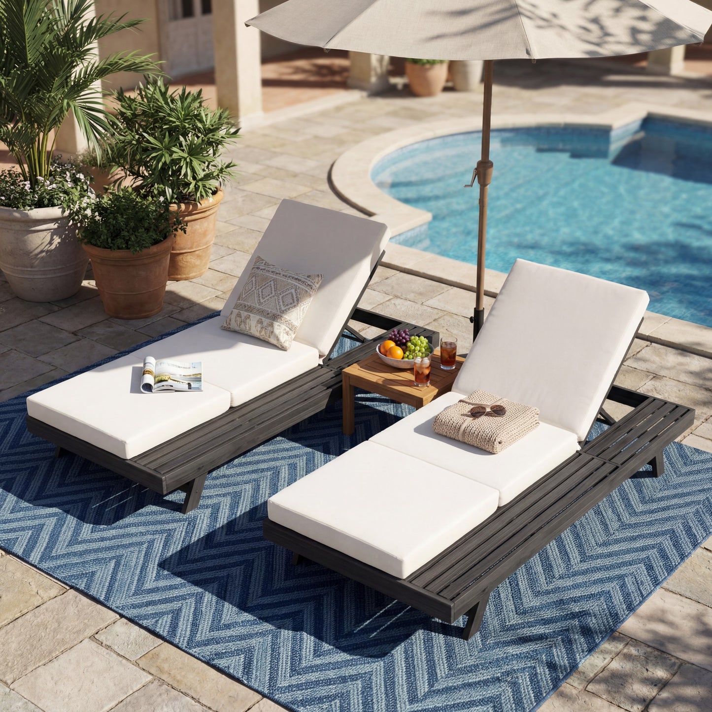 Lounge Chaise Set, Space Available On One Side, Acacia Solid Wood In Black With Lounge Cushion (Cream & Triple Fold) – Matching Dark Grey Version Available