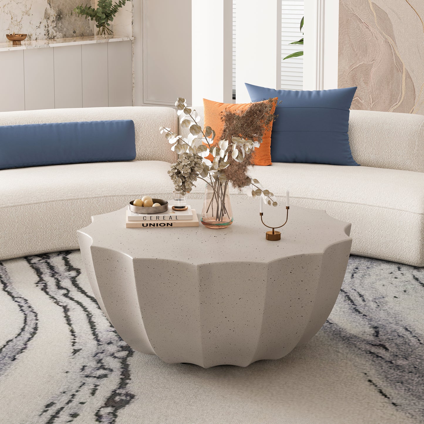 35.43" Modern Outdoor and Indoor Waterproof Coffee Table, Durable MgO Cement Design, Suitable for Terraces, Gardens, Backyards and Living Rooms ( White)