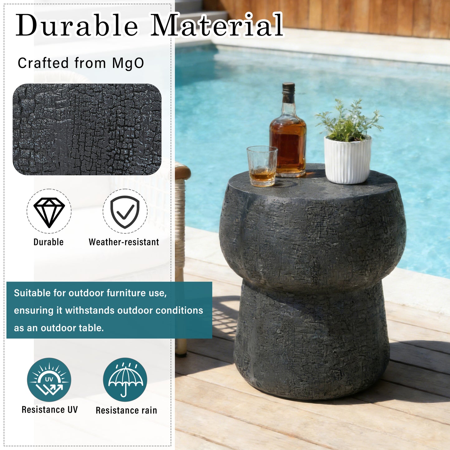 U_Style Outdoor Patio Accent Table with Crack process , Morden Concrete coffee Table with Double Barrel Shape Outdoor Side Table, Garden Stoolsl  for Patio,Garden, Backyard.