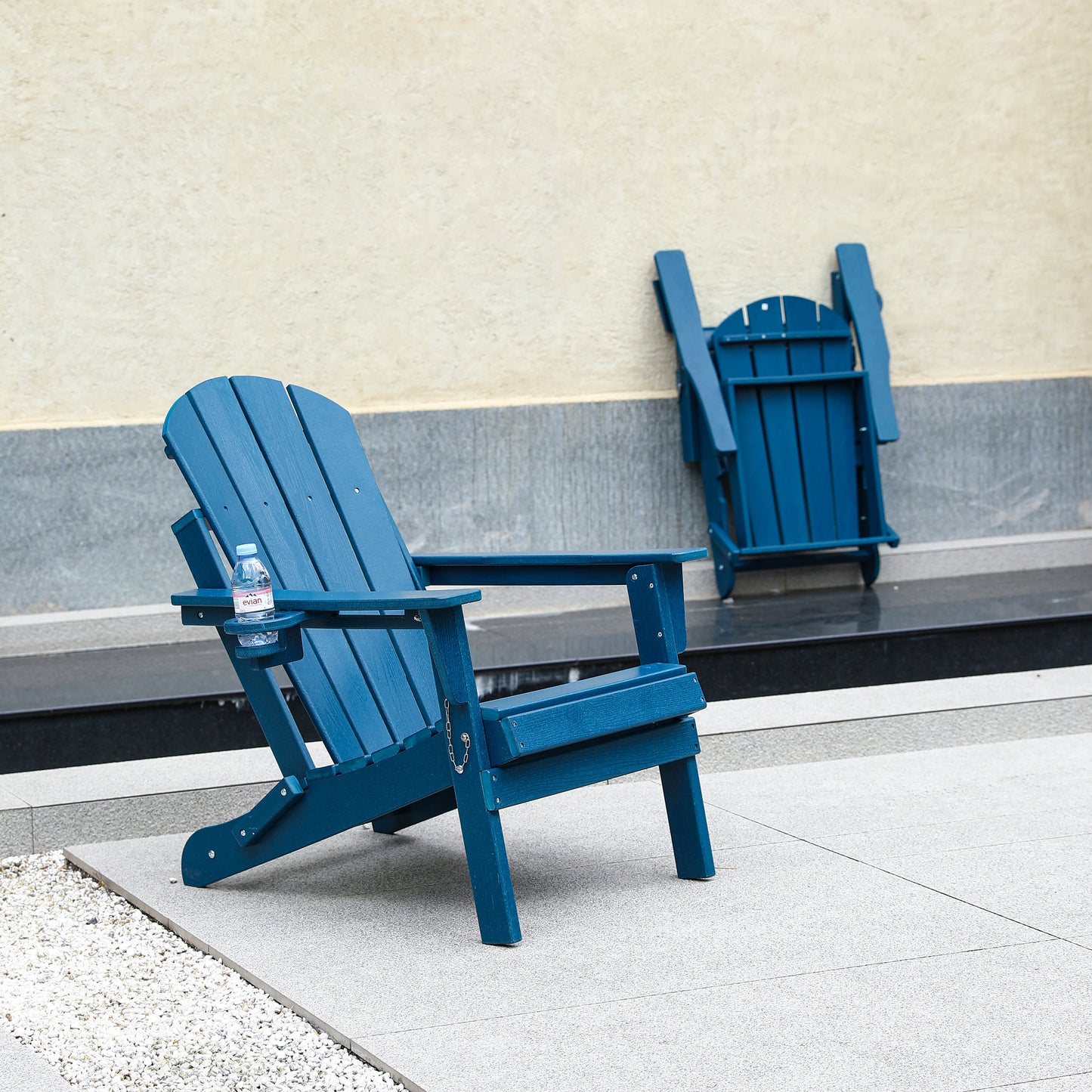HDPE Folding Adirondack Chair with Dual Cup Holder - Composite Adirondack Chair with Wood Texture- ,Navy Blue
