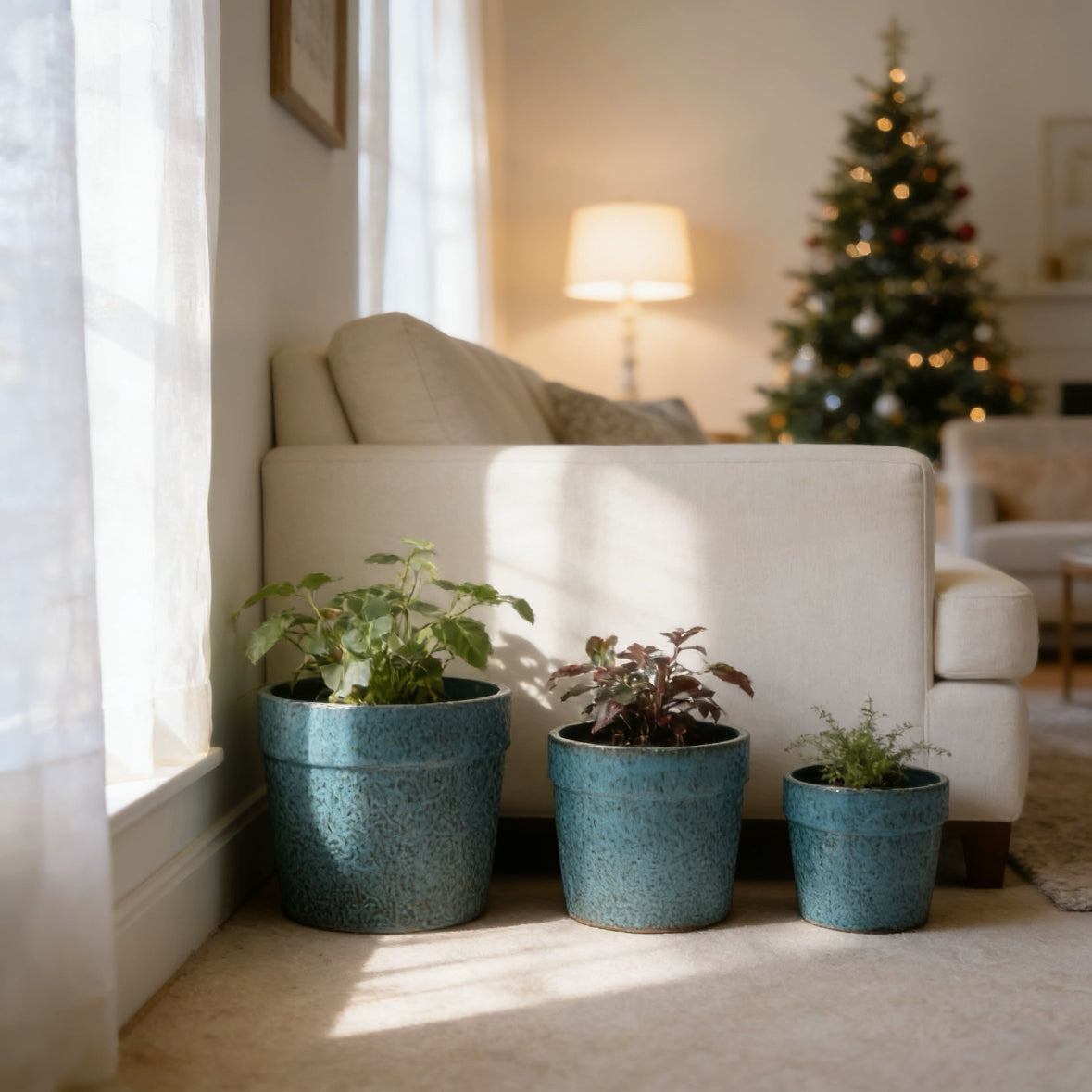 Handmade Ceramic Planter Set of 3, 15/12/9 Inch Diameter, Blue Textured Pattern, for Succulents & Indoor Plants, Windowsill & Bookshelf Use, Breathable Clay