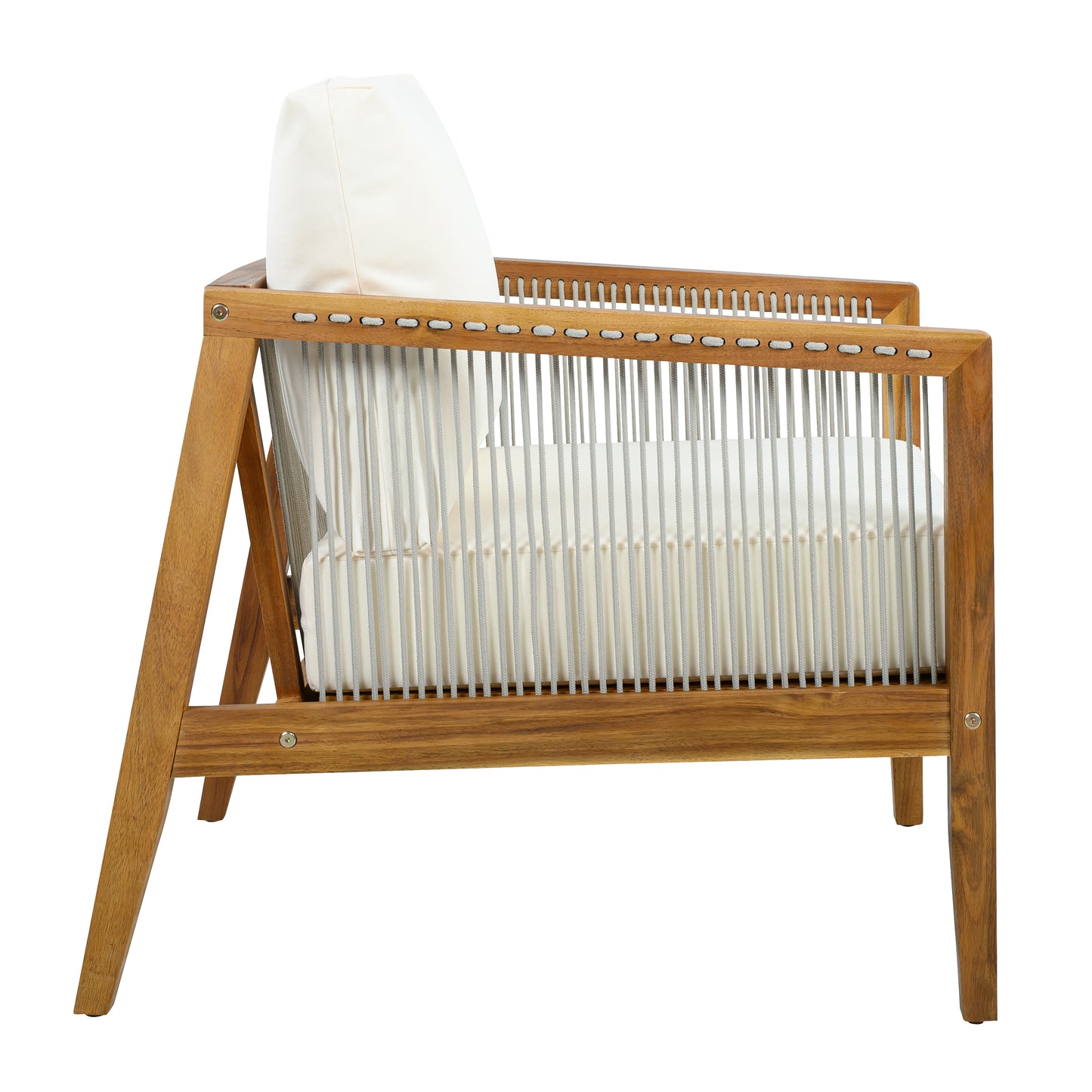 Outdoor Club Chair (Set of 1), Acacia Wood Frame with Rope Back, Water-Repellent Beige Cushions for Patio/Backyard/Deck, Teak Finish