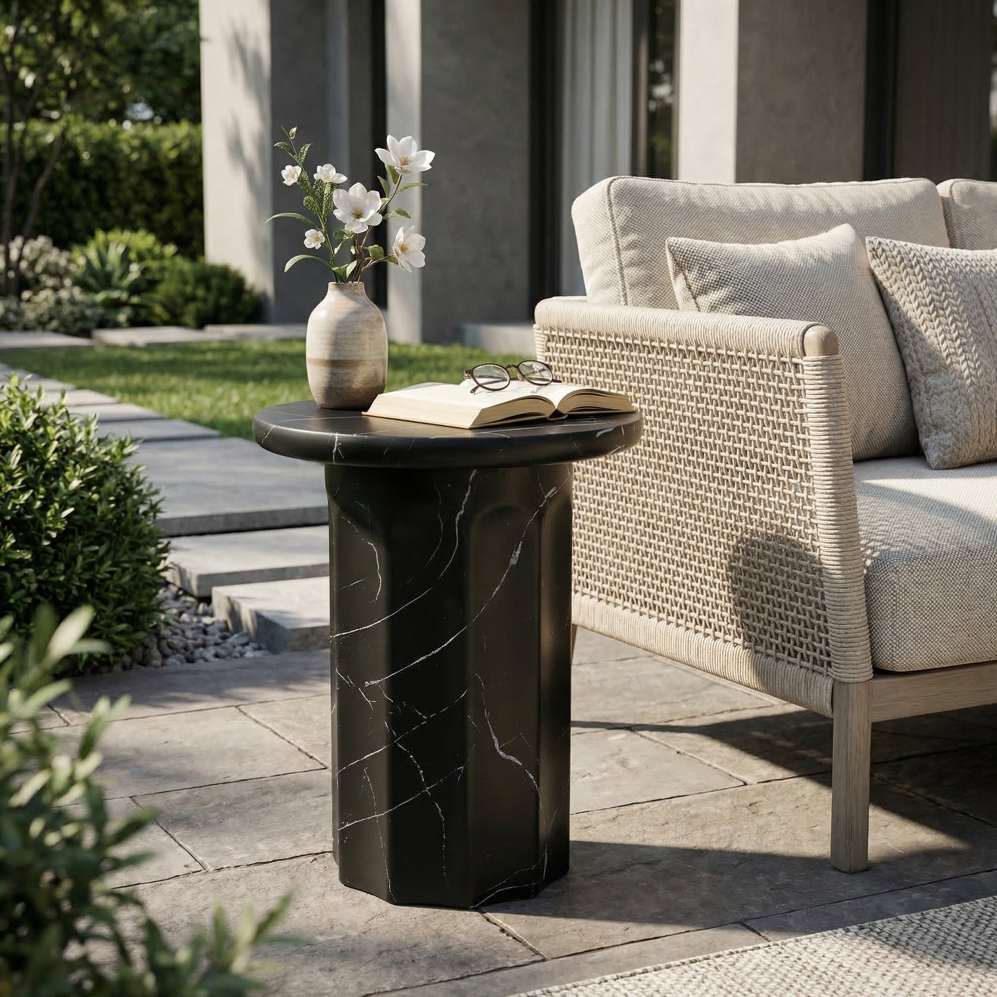 Outdoor Lightweight Concrete Black Marble Effect Side Table,Living Room Mgo End Table