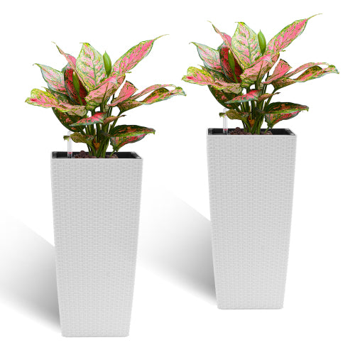 38 Qt. Large White Resin Indoor/Outdoor Planter, High Faux Rattan Design Flower Pot (11 in. W x 22.6 in. H) Pack of 2