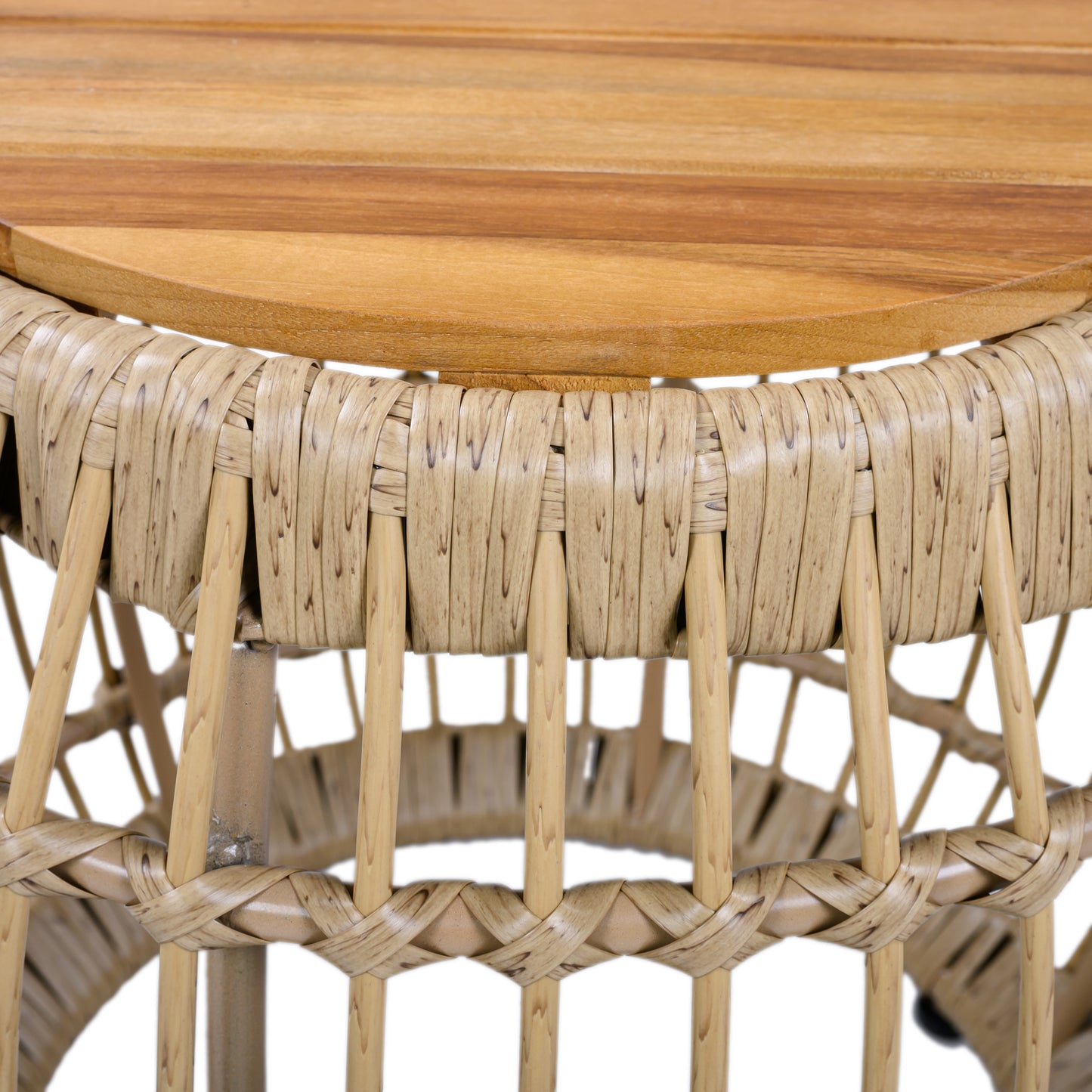 Acacia Wood Outdoor Side Table with Wicker Base - Light Brown, Round 16.15" Outdoor Accent for Patio, Garden, Balcony & Indoor Use