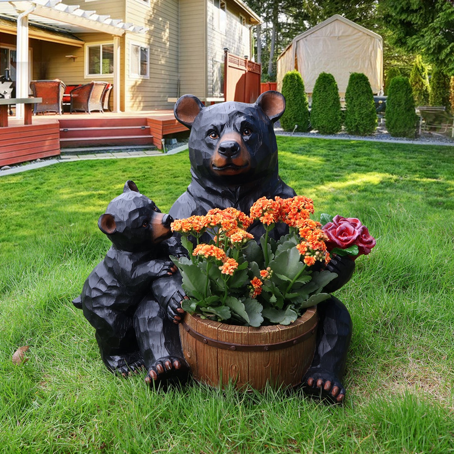 Outdoor Garden Sculpture Bear Flower Pot Planter - Unique Yard Statue Decoration, Interesting Law Outdoor Ornament
