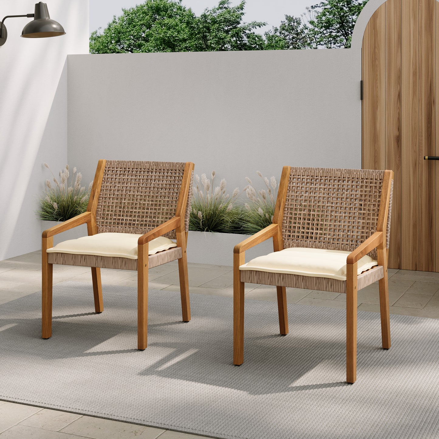 OUTDOOR DINING CHAIR SET-Acacia Wood and Wicker with Cream Cushion Patio Furniture-Teak finish & wicke Brown ,Suitable for large gatherings-set of 6(N770P272397G(3-box))