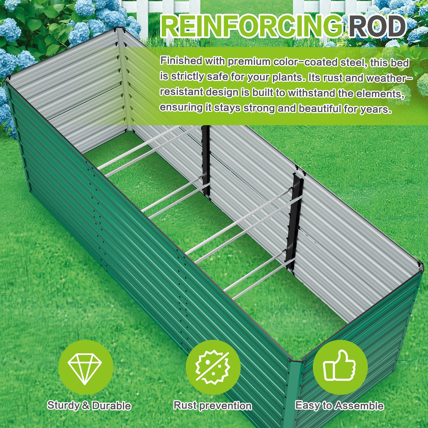2-Pack 93.7"x31.5"x32.3" Raised Garden Bed, 32" Ergonomic No-Bend Metal Planter Box, Open Base for Drainage & Aeration, 8 Reinforcing Rods, Rustproof Steel – Easy Hand-Tightening Assembly