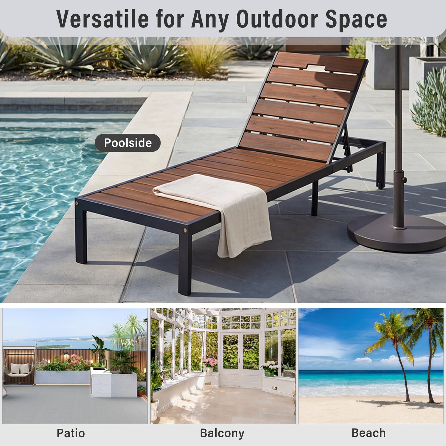 Outdoor Chaise Lounges Pool Lounge Chairs Outdoor Daybed Recliner with Adjustable Backrest for Patio, Poolside or Beach, Black+Brown