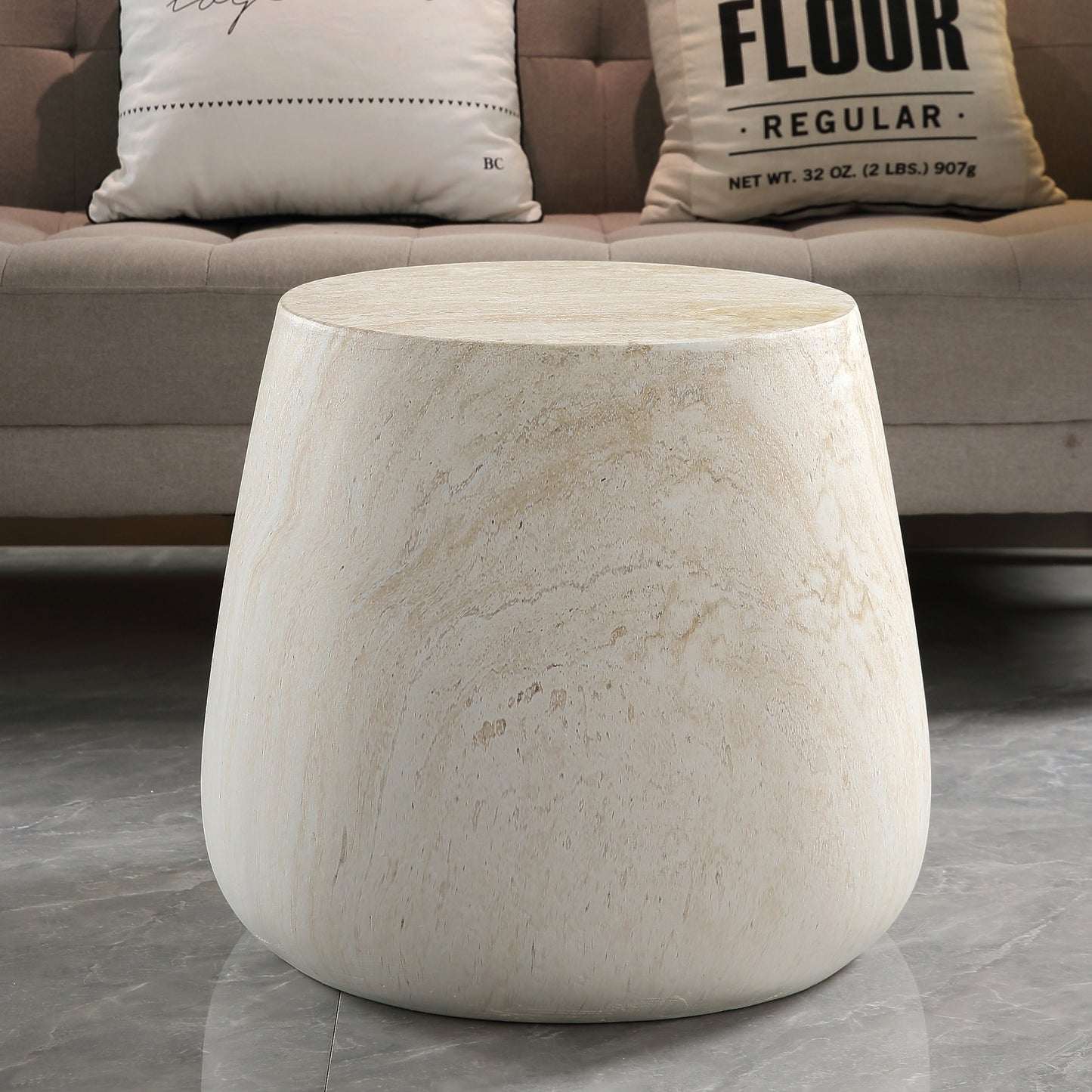 Light Travertine Finish Magnesium Oxide Tapered Side Table   14.57" Top Diameter Round End Table
