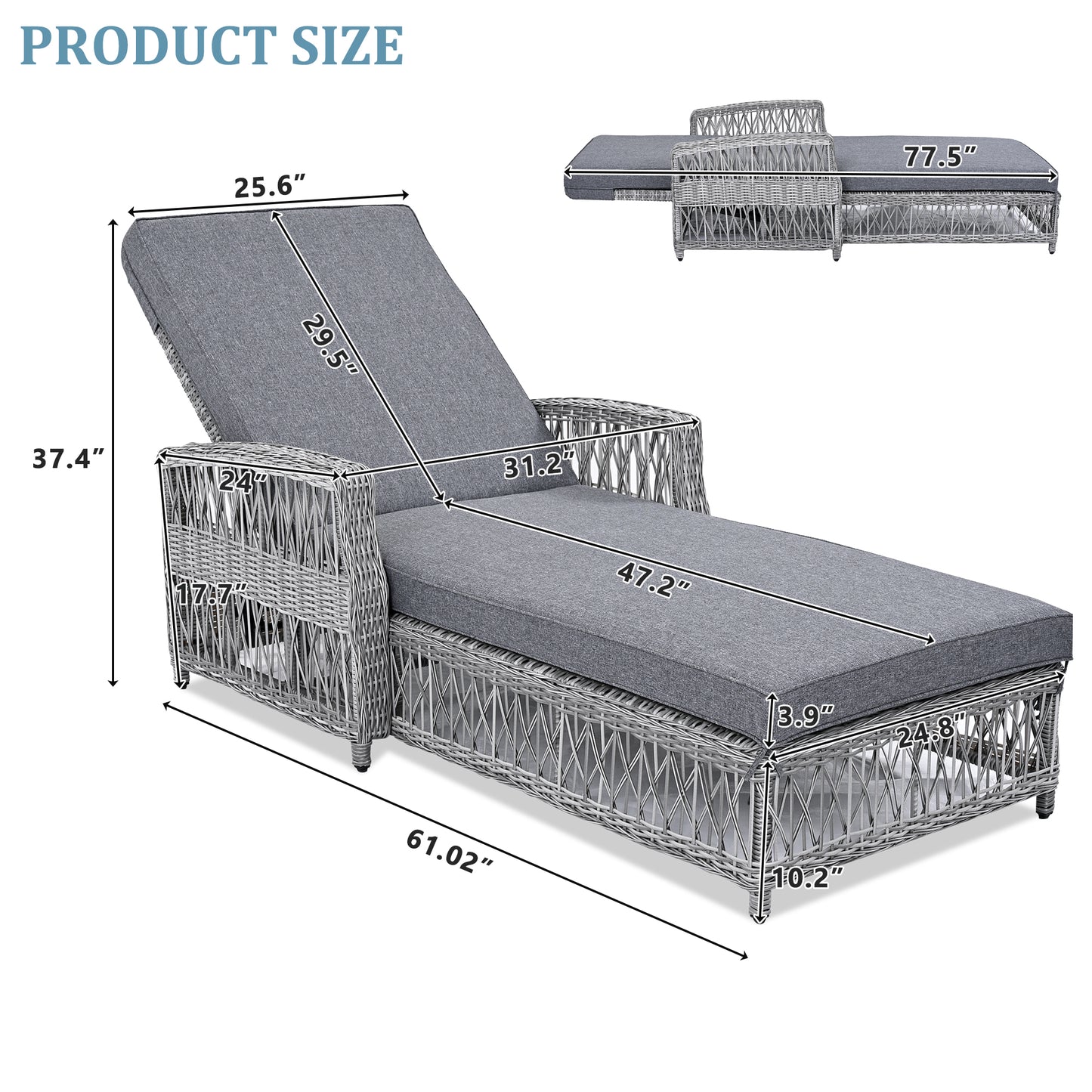 GO 2 Pieces Long Reclining Chaise, Outdoor Wicker Lounge with Armrests, Patio Adjustable Recliner with Soft Removable Cushions, All Weather Rattan Pool Lounge for Poolside & Garden, Gray