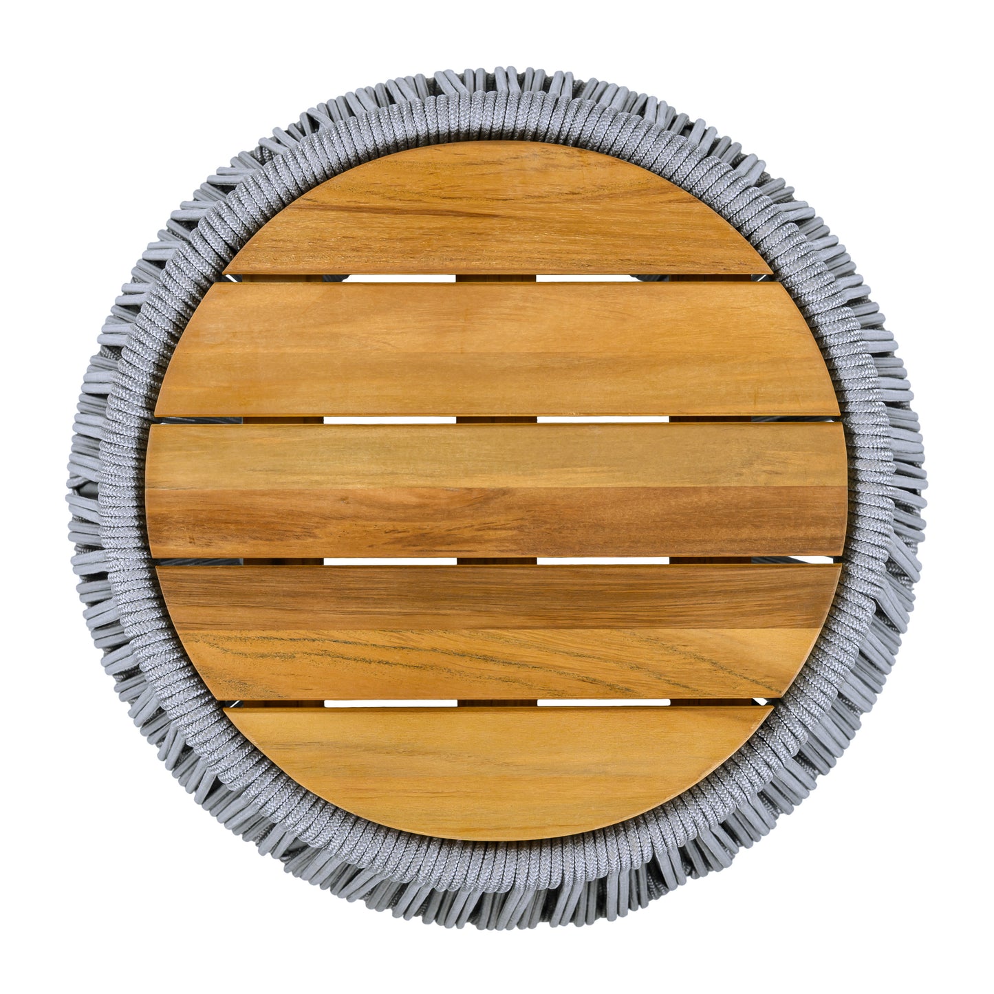 Acacia Wood Side Table with Grey Rope Base - Natural Teak Finish, Modern Coastal Accent for Patio, Garden, Balcony & Indoor Use