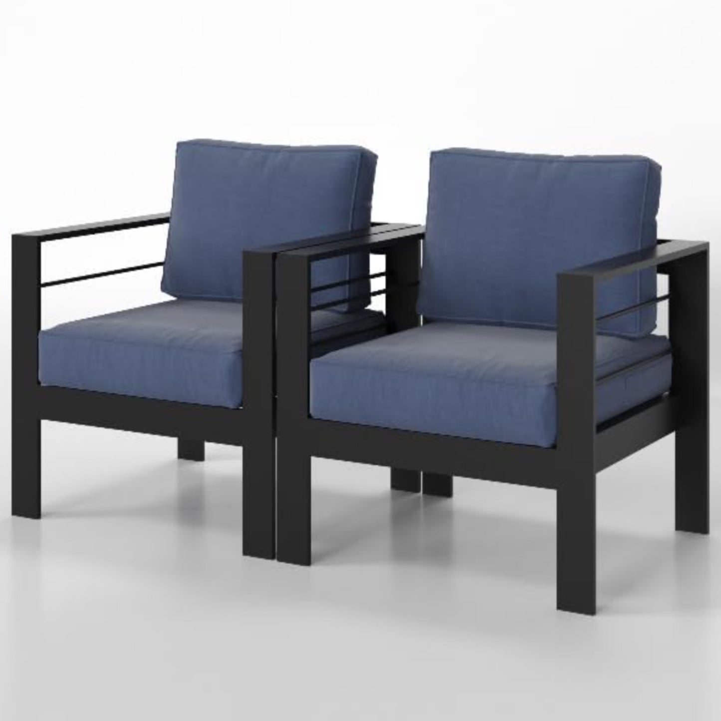 2-Pack 28" All-Weather Aluminum Patio Armchairs with Thick Blue Cushions & Black Frame