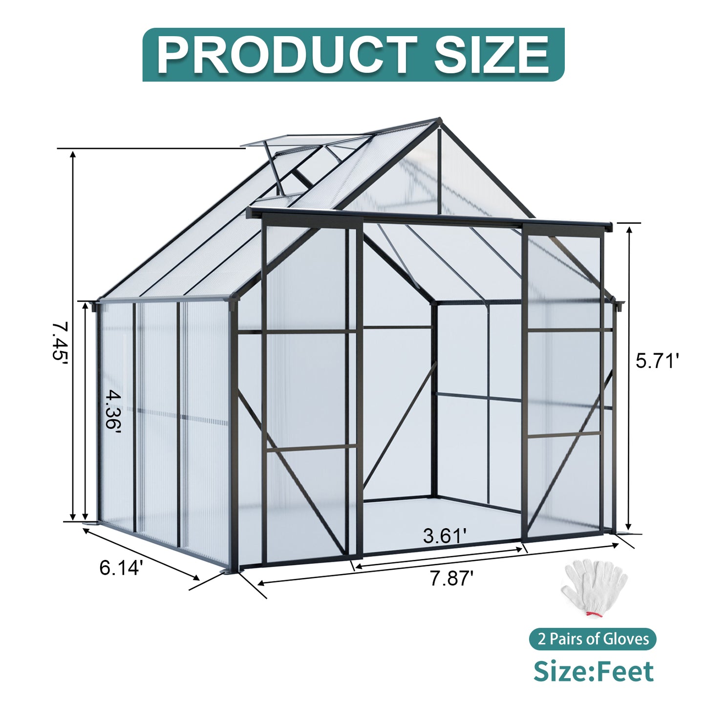 8X6FT-Black Double Door Polycarbonate Greenhouse Raised Base and Anchor Aluminum Heavy Duty Walk-in Greenhouses for Outdoor Backyard in All Season