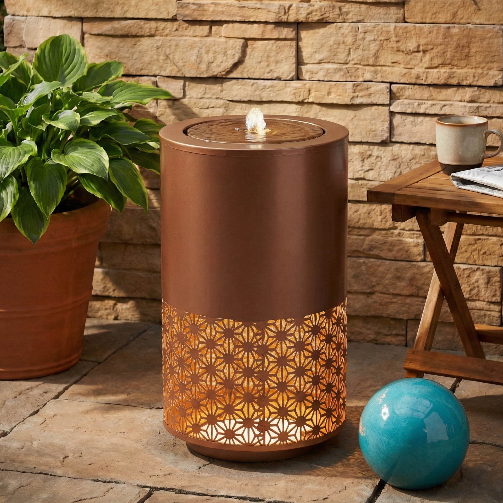 20.87"H Brown Metal Cutout Outdoor Water Fountain with LED Lights, Modern Freestanding Candle Style Water Feature for Patio Backyard Decor