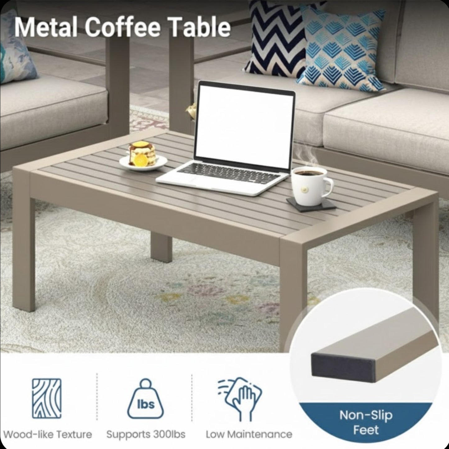 43" x 24" All-Weather Metal Outdoor Coffee Table with Wood-Look Top and Khaki Frame