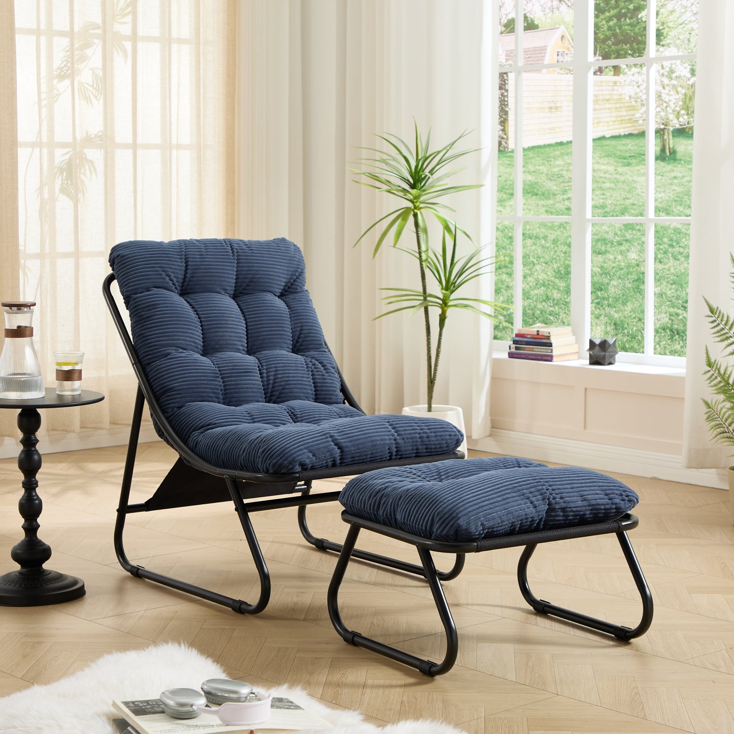 Patio Outdoor Lounge Chair with Ottoman, Comfy Sling Recliner Chair with Puffy Cushion and Foot Stool,  Ideal for Living Room, Bedroom, Reading Room, Black frame with navy blue cushion