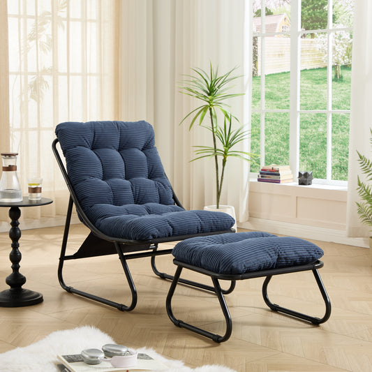 Patio Outdoor Lounge Chair with Ottoman, Comfy Sling Recliner Chair with Puffy Cushion and Foot Stool,  Ideal for Living Room, Bedroom, Reading Room, Black frame with navy blue cushion